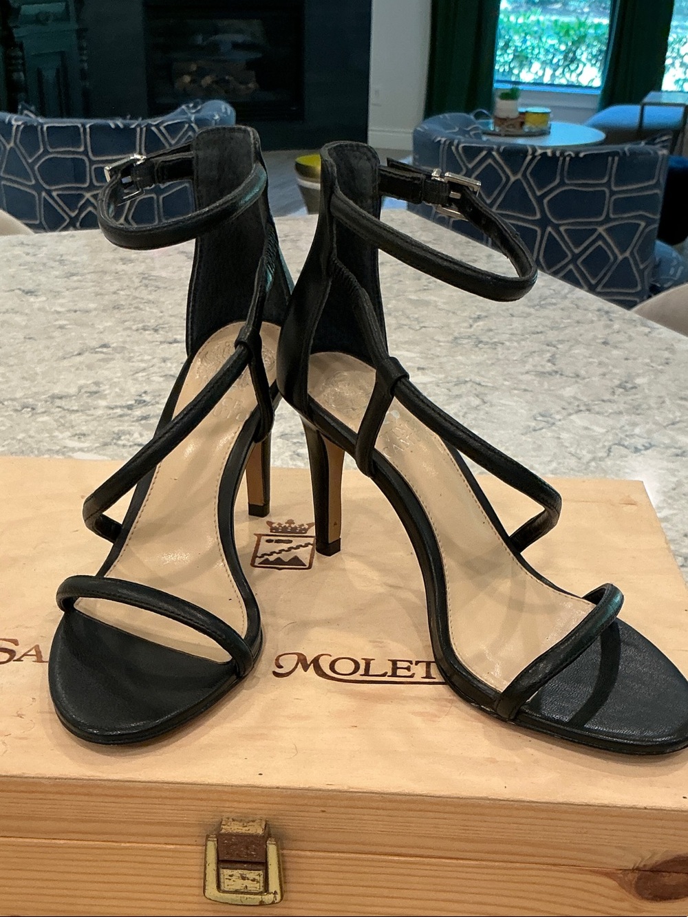 Vince Camuto Black Strappy Ankle‑Wrap High Heel Sandals